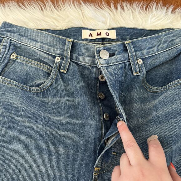 AMO Jeans Womens 31 High Rise Buttonfly Straight Leg Raw Hem Crop Denim Stargaze - Picture 15 of 15